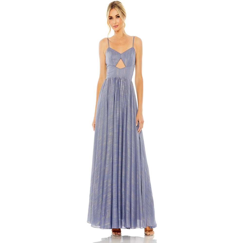 NWT Ieena‎ for Mac Duggal Metallic Blue Pleated Cutout Gown Maxi Dress 26438i